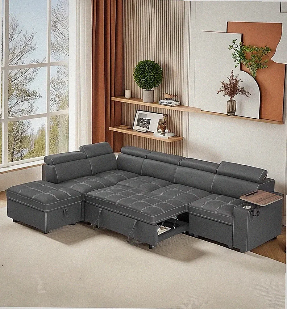 113 inch Ultra-fine Fiber Segmented Sleeper Sofa with Pull Out Bed Recliner And